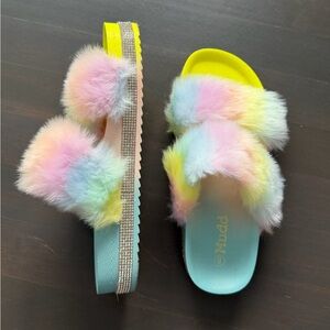 Mudd Lauren Fur and Rhinestone Slide Sandals multi colored Size 8